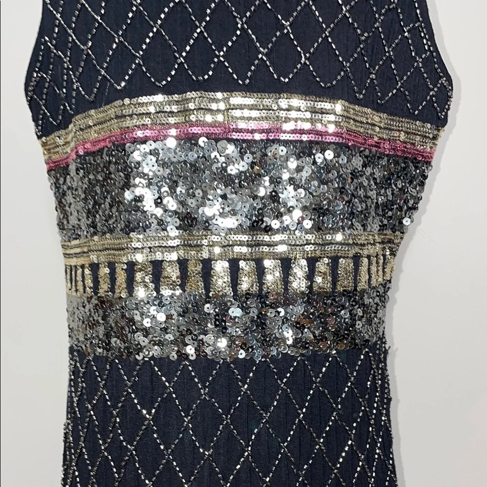 Suzy Sheer Black and Gold Embellished Sequin Cocktail Dress Size Small - Picture 3 of 10